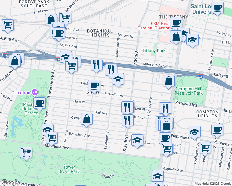 map of restaurants, bars, coffee shops, grocery stores, and more near 3959 Russell Boulevard in St. Louis