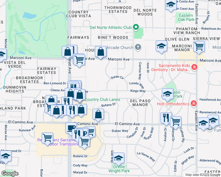 map of restaurants, bars, coffee shops, grocery stores, and more near 3733 Kings Way in Sacramento