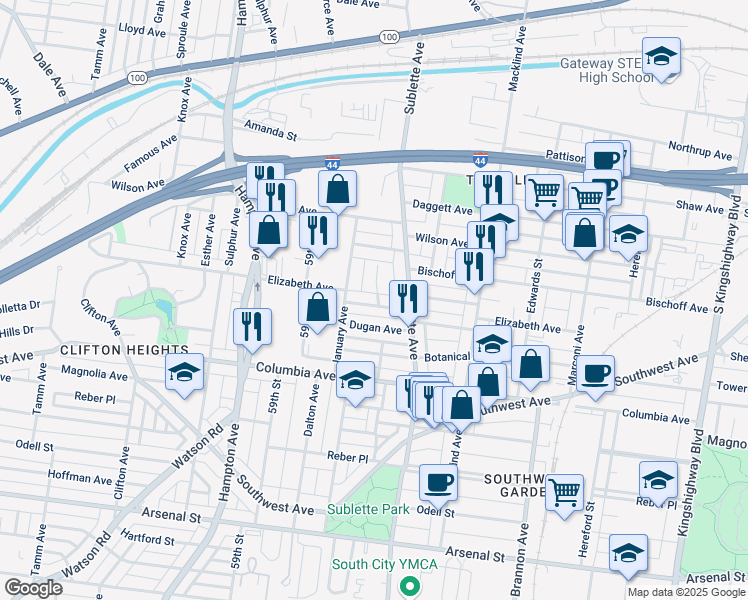 map of restaurants, bars, coffee shops, grocery stores, and more near 5543 Elizabeth Avenue in St. Louis