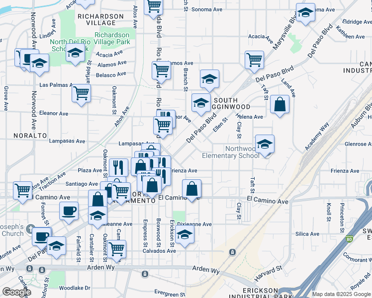 map of restaurants, bars, coffee shops, grocery stores, and more near 2625 Del Paso Boulevard in Sacramento