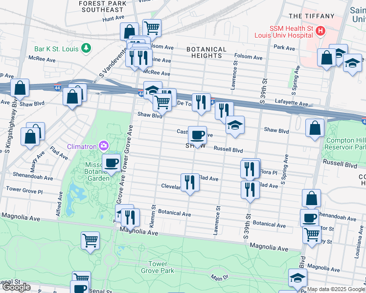 map of restaurants, bars, coffee shops, grocery stores, and more near 4126 Russell Boulevard in St. Louis