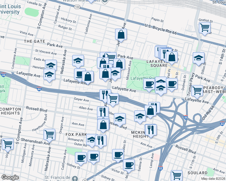 map of restaurants, bars, coffee shops, grocery stores, and more near 2344 Lafayette Avenue in St. Louis
