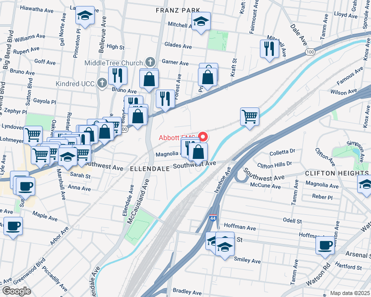 map of restaurants, bars, coffee shops, grocery stores, and more near 6811 Magnolia Avenue in St. Louis