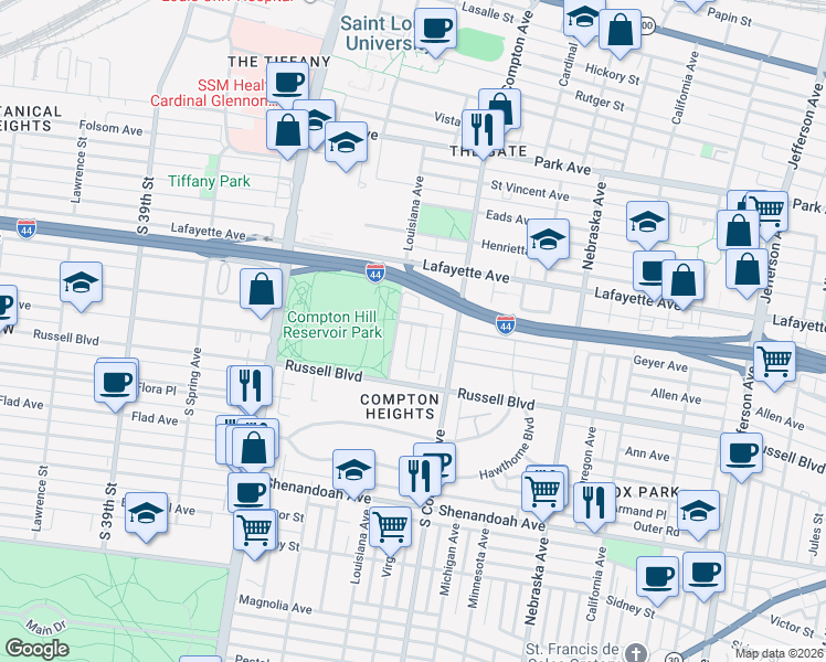 map of restaurants, bars, coffee shops, grocery stores, and more near 3226 Geyer Avenue in St. Louis