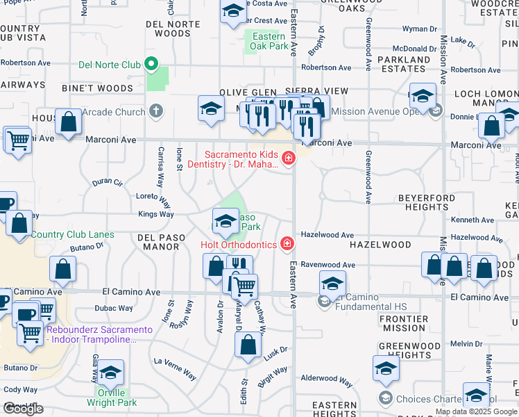 map of restaurants, bars, coffee shops, grocery stores, and more near 4209 Annette Street in Sacramento
