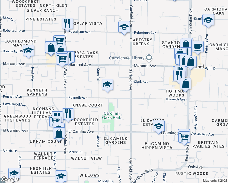 map of restaurants, bars, coffee shops, grocery stores, and more near 2720 Larry Lane in Carmichael