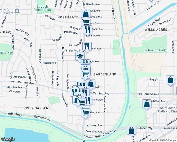 map of restaurants, bars, coffee shops, grocery stores, and more near 511 Wilson Avenue in Sacramento