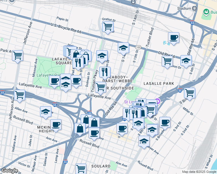 map of restaurants, bars, coffee shops, grocery stores, and more near 1400 Park Place in St. Louis