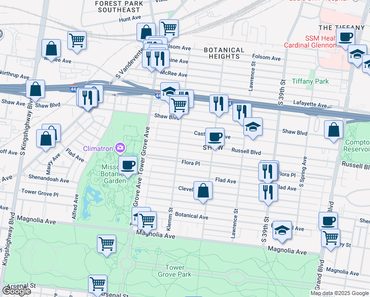 map of restaurants, bars, coffee shops, grocery stores, and more near 4172 Russell Boulevard in St. Louis