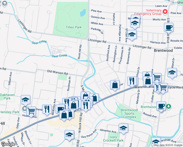 map of restaurants, bars, coffee shops, grocery stores, and more near 2532 Rock Hill Industrial Court in St. Louis