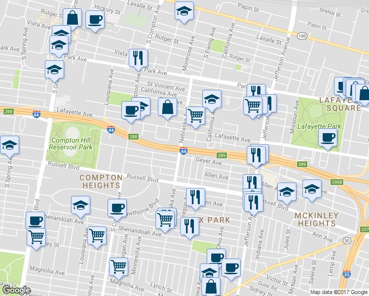 map of restaurants, bars, coffee shops, grocery stores, and more near 1800 Nebraska Avenue in St. Louis