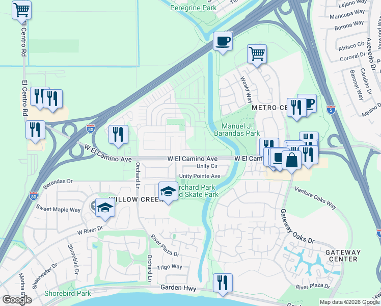 map of restaurants, bars, coffee shops, grocery stores, and more near 191 Unity Circle in Sacramento