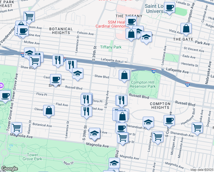 map of restaurants, bars, coffee shops, grocery stores, and more near 3802 Castleman Avenue in St. Louis