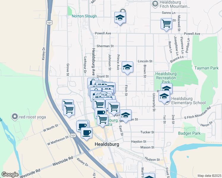 map of restaurants, bars, coffee shops, grocery stores, and more near 201 Piper Street in Healdsburg