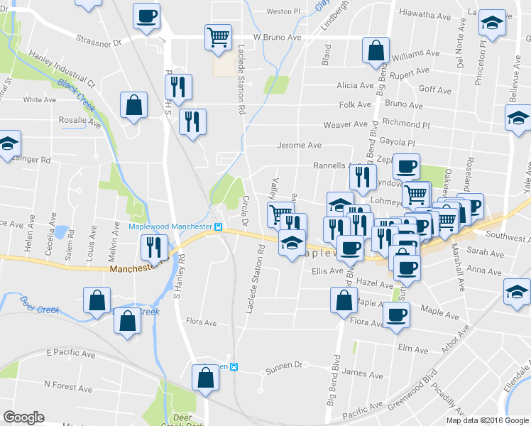 map of restaurants, bars, coffee shops, grocery stores, and more near 2632 Laclede Station Road in Maplewood