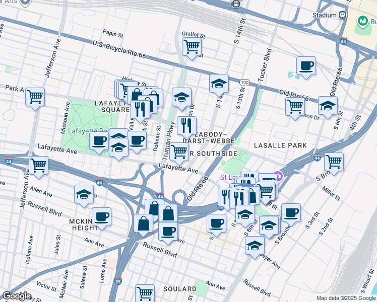map of restaurants, bars, coffee shops, grocery stores, and more near 1418 Carroll Street in St. Louis