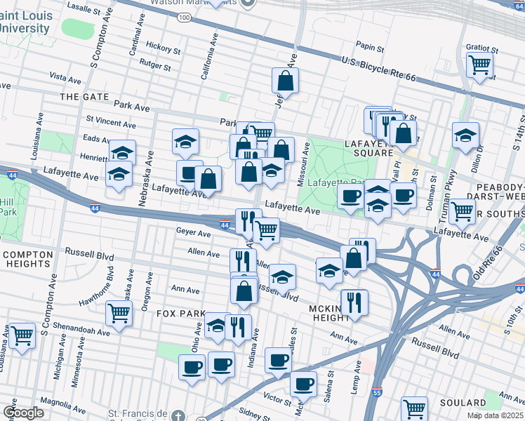 map of restaurants, bars, coffee shops, grocery stores, and more near 2344 Lafayette Avenue in St. Louis