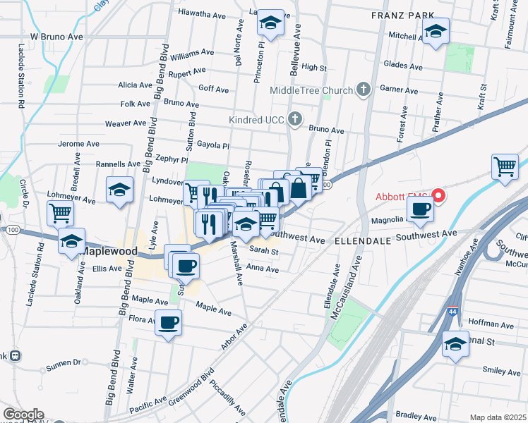 map of restaurants, bars, coffee shops, grocery stores, and more near 2627 Hope Avenue in Maplewood