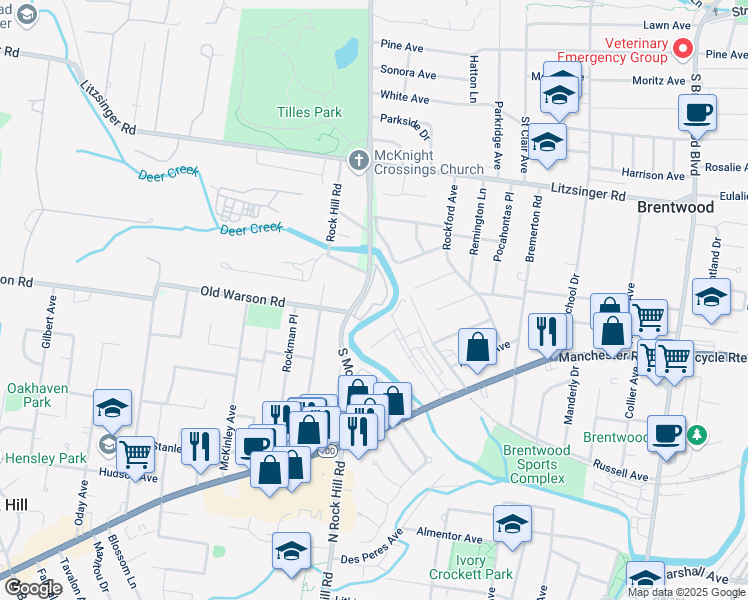 map of restaurants, bars, coffee shops, grocery stores, and more near 2532 Rock Hill Industrial Court in St. Louis