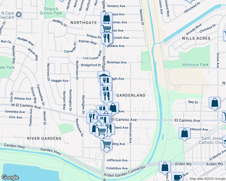 map of restaurants, bars, coffee shops, grocery stores, and more near 511 Wilson Avenue in Sacramento