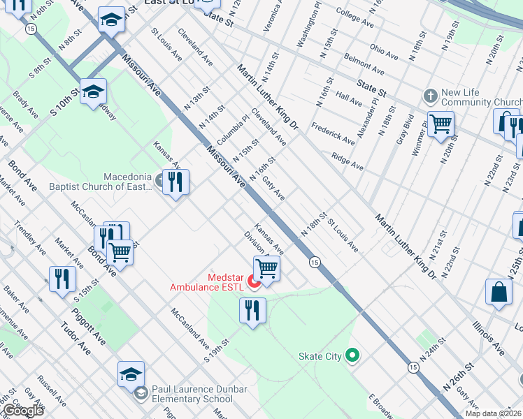 map of restaurants, bars, coffee shops, grocery stores, and more near 1636 Missouri Avenue in East St. Louis