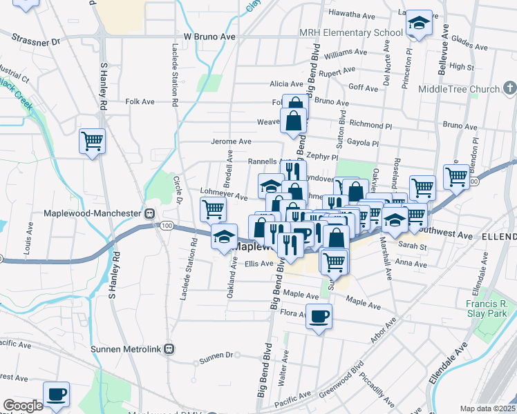 map of restaurants, bars, coffee shops, grocery stores, and more near 7539 Manchester Road in Maplewood