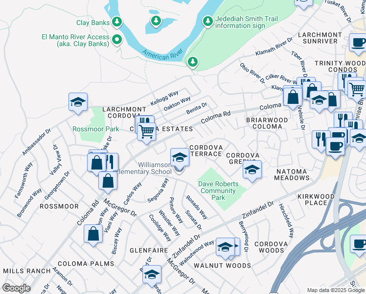map of restaurants, bars, coffee shops, grocery stores, and more near 10853 Segovia Way in Rancho Cordova