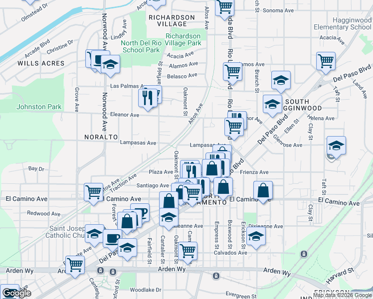 map of restaurants, bars, coffee shops, grocery stores, and more near 724 Lampasas Avenue in Sacramento