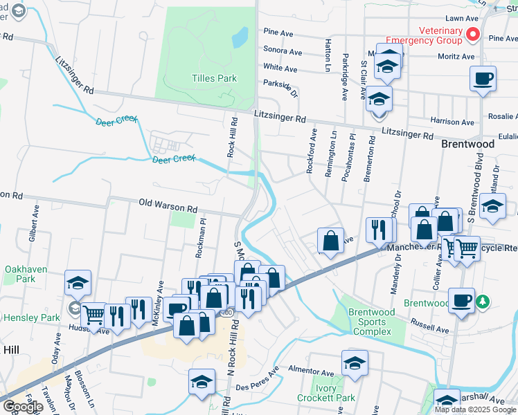 map of restaurants, bars, coffee shops, grocery stores, and more near 2756 Mcknight Crossing Court in St. Louis