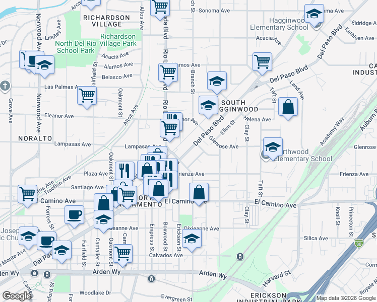 map of restaurants, bars, coffee shops, grocery stores, and more near Del Paso Boulevard in Sacramento