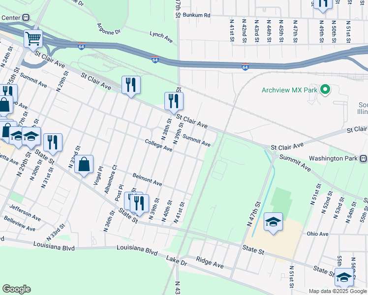 map of restaurants, bars, coffee shops, grocery stores, and more near 781 North 40th Street in East St. Louis