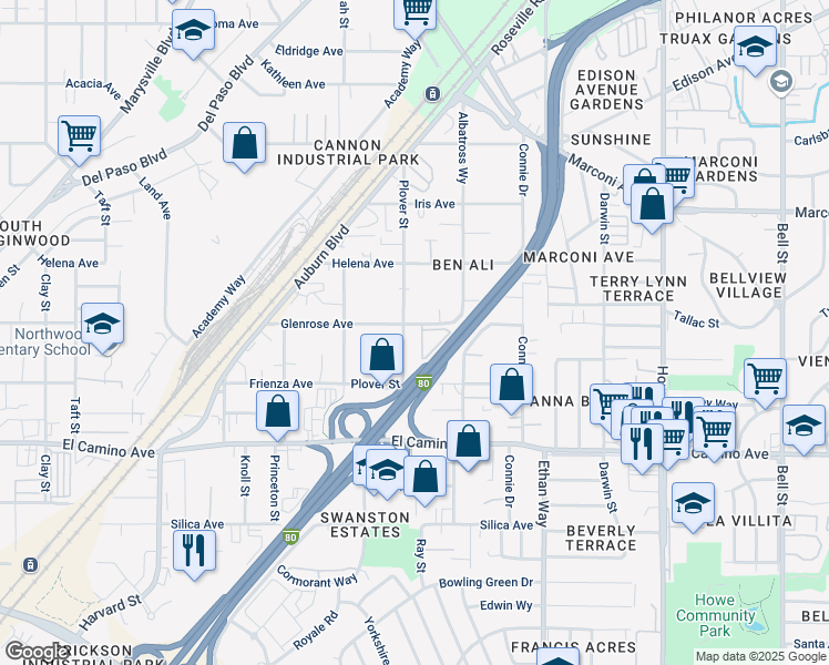 map of restaurants, bars, coffee shops, grocery stores, and more near 1804 Glenrose Avenue in Sacramento