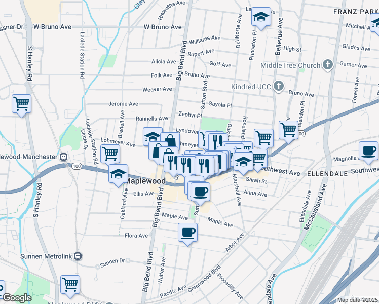 map of restaurants, bars, coffee shops, grocery stores, and more near 2614 Margarette Avenue in Maplewood