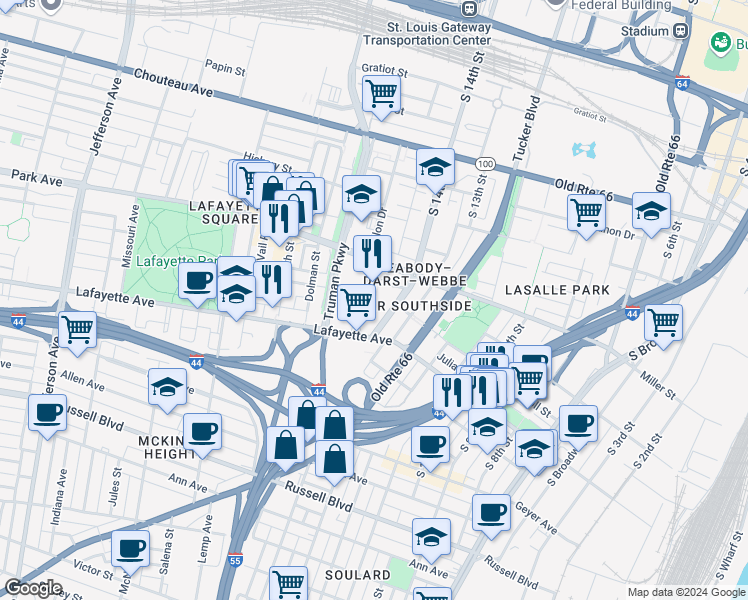 map of restaurants, bars, coffee shops, grocery stores, and more near 1418 Carroll Street in St. Louis