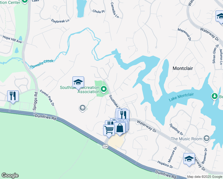 map of restaurants, bars, coffee shops, grocery stores, and more near 15552 Windward Court in Dumfries