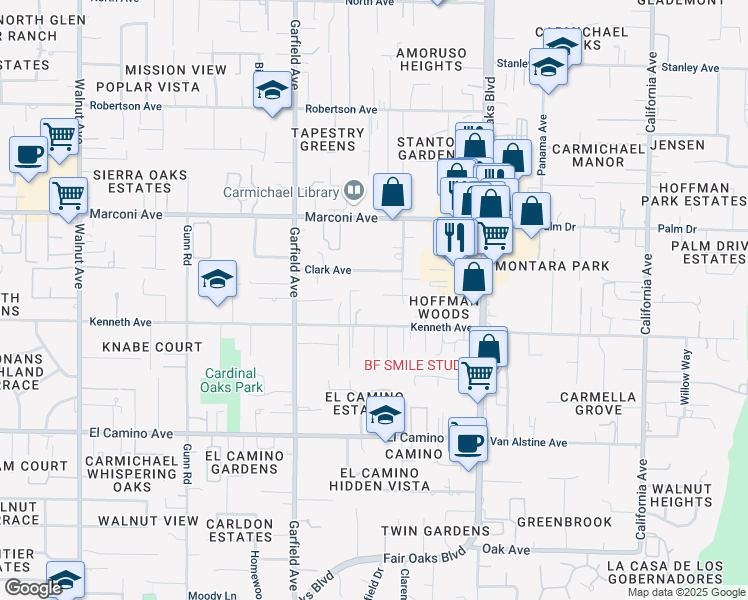 map of restaurants, bars, coffee shops, grocery stores, and more near 5600 Beauchamp Court in Carmichael