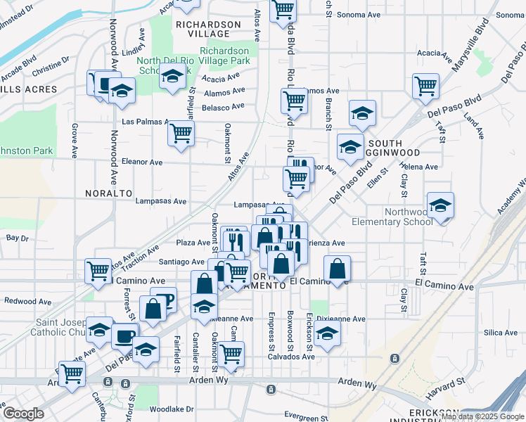 map of restaurants, bars, coffee shops, grocery stores, and more near 838 Lampasas Avenue in Sacramento