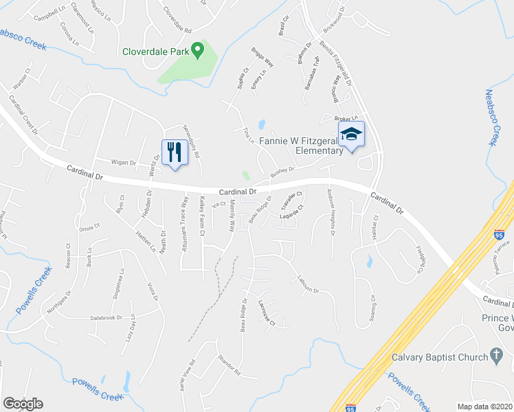 map of restaurants, bars, coffee shops, grocery stores, and more near 3483 Legere Court in Woodbridge