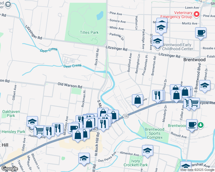 map of restaurants, bars, coffee shops, grocery stores, and more near 2618 Mcknight Crossing Court in St. Louis