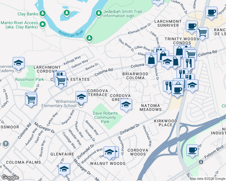 map of restaurants, bars, coffee shops, grocery stores, and more near 2258 Cervantes Drive in Rancho Cordova