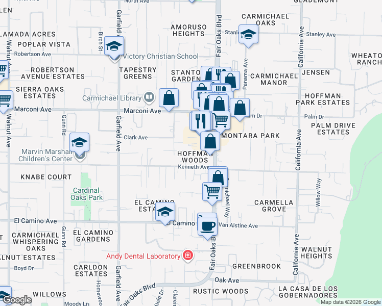 map of restaurants, bars, coffee shops, grocery stores, and more near 2723 Hoffman Woods Lane in Carmichael