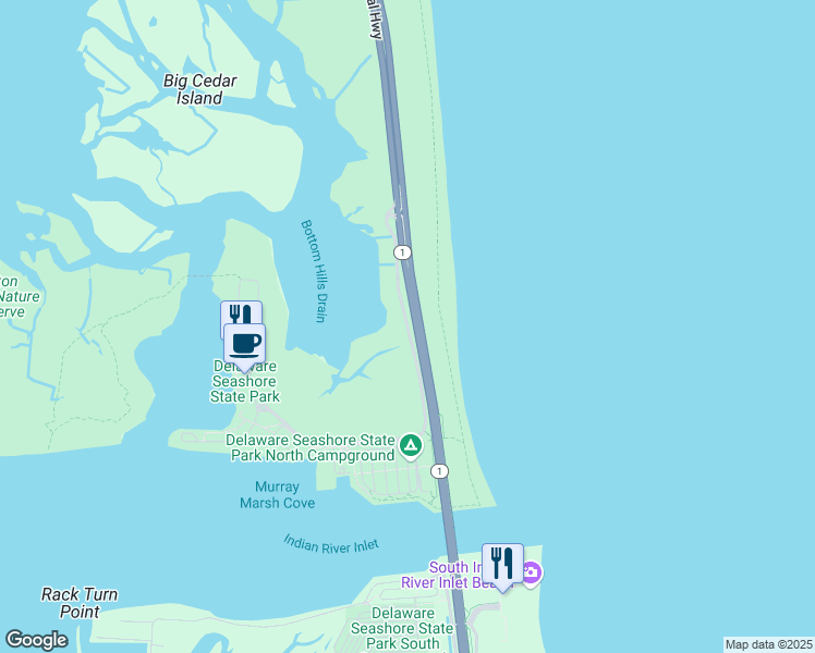 map of restaurants, bars, coffee shops, grocery stores, and more near Inlet Road in Dewey Beach