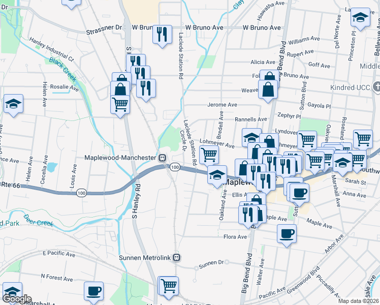map of restaurants, bars, coffee shops, grocery stores, and more near 2632 Laclede Station Road in Maplewood