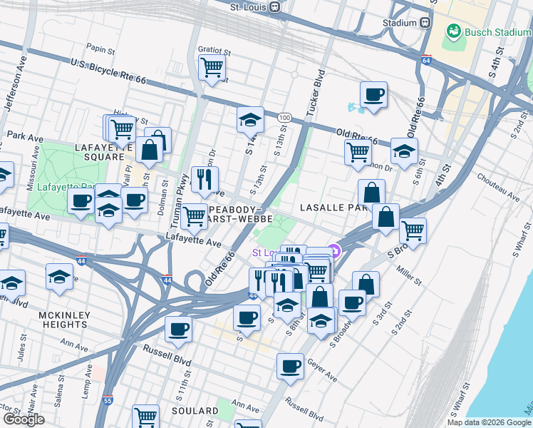 map of restaurants, bars, coffee shops, grocery stores, and more near 1400 Tucker Boulevard in St. Louis