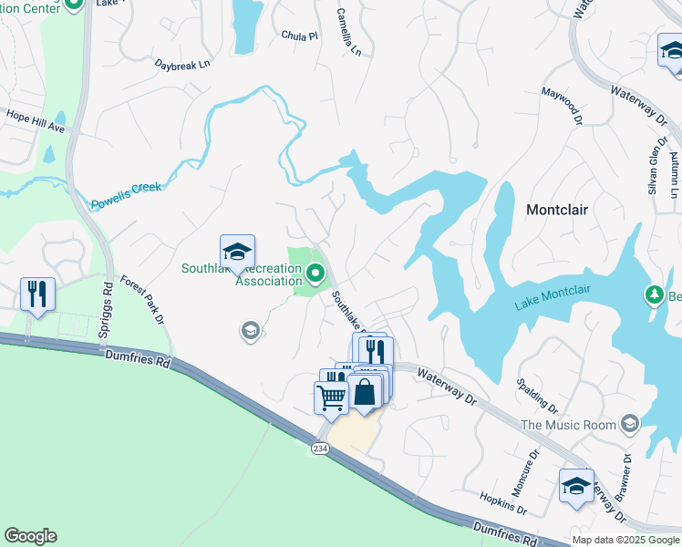 map of restaurants, bars, coffee shops, grocery stores, and more near 15552 Windward Court in Dumfries