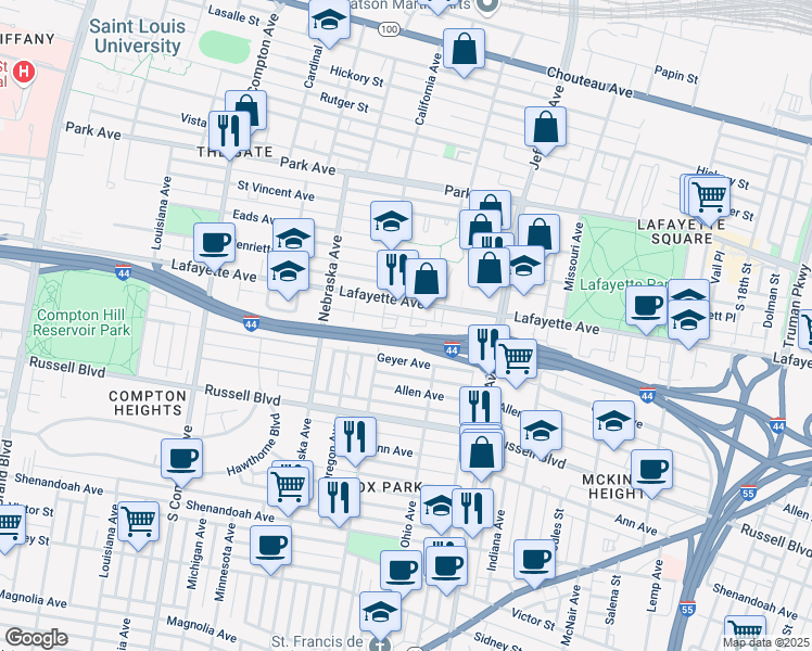 map of restaurants, bars, coffee shops, grocery stores, and more near 1723 Iowa Avenue in St. Louis