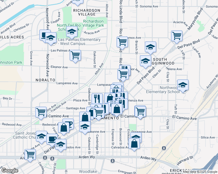 map of restaurants, bars, coffee shops, grocery stores, and more near 838 Lampasas Avenue in Sacramento