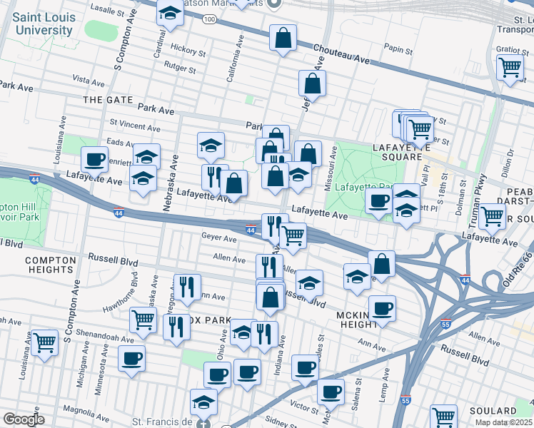 map of restaurants, bars, coffee shops, grocery stores, and more near 2620 Lafayette Avenue in St. Louis