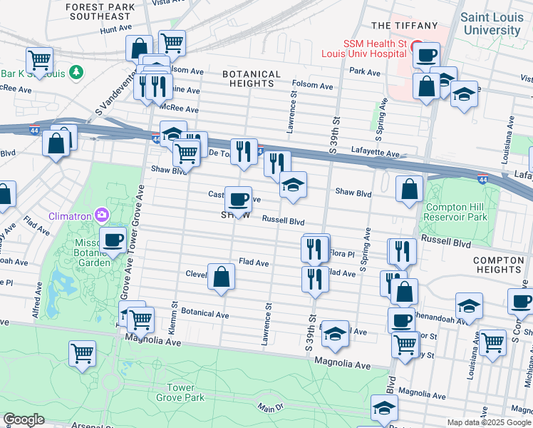 map of restaurants, bars, coffee shops, grocery stores, and more near 4021 Russell Boulevard in St. Louis