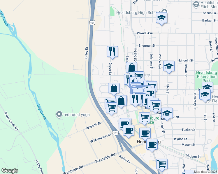 map of restaurants, bars, coffee shops, grocery stores, and more near 245 Foss Creek Circle in Healdsburg
